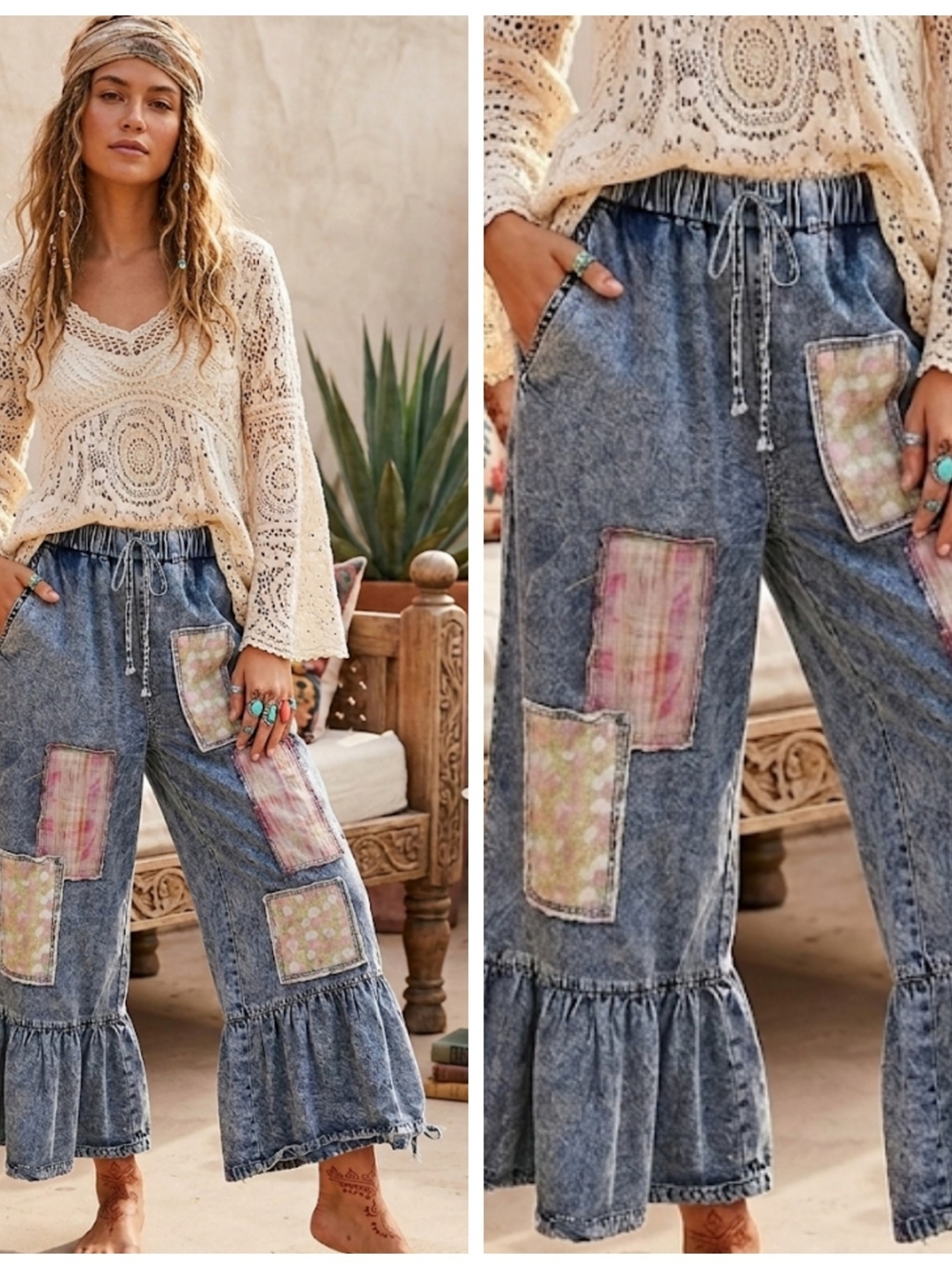 Boho Patchwork Ruffle Hem Denim Pants - Acid Wash Blue